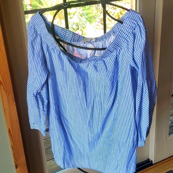 Michael Michael Kors White Blue Striped Puff Sleeve On/Off Shoulder Sz XL Blouse - Picture 3 of 9